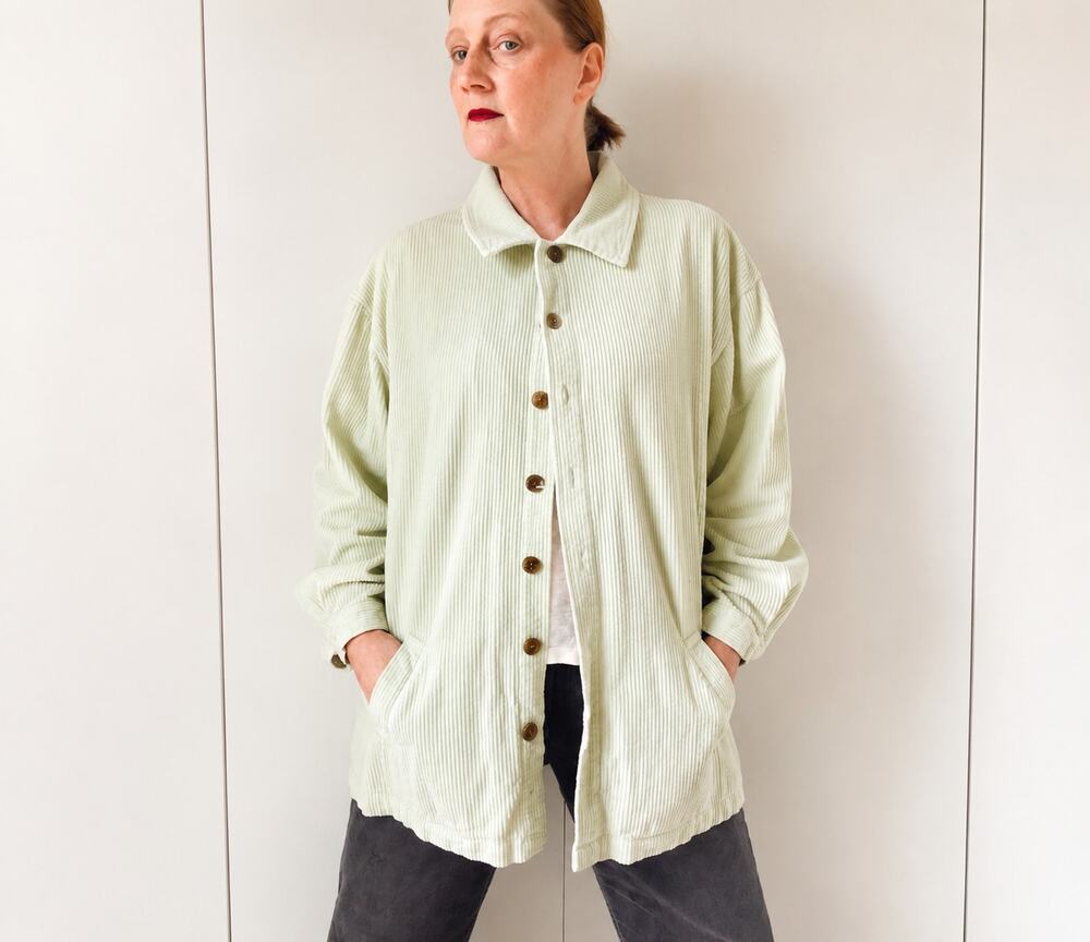 VTG 90s Wide Whale Corduroy Shacket Pistachio Green SZ L Oversized Cotton Jacket